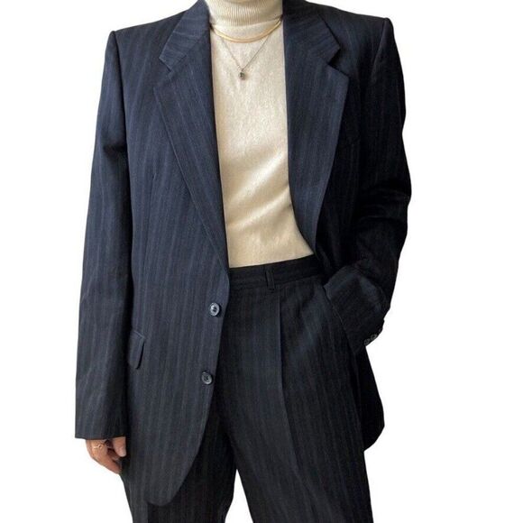 Vintage YSL Yves Saint Laurent Navy Blue 100% Wool Striped Blazer Sport Coat Set